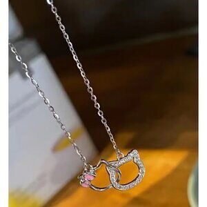 Hello Kitty Rhinestone Pendant Necklace Sparkling Silver & Pink Charms